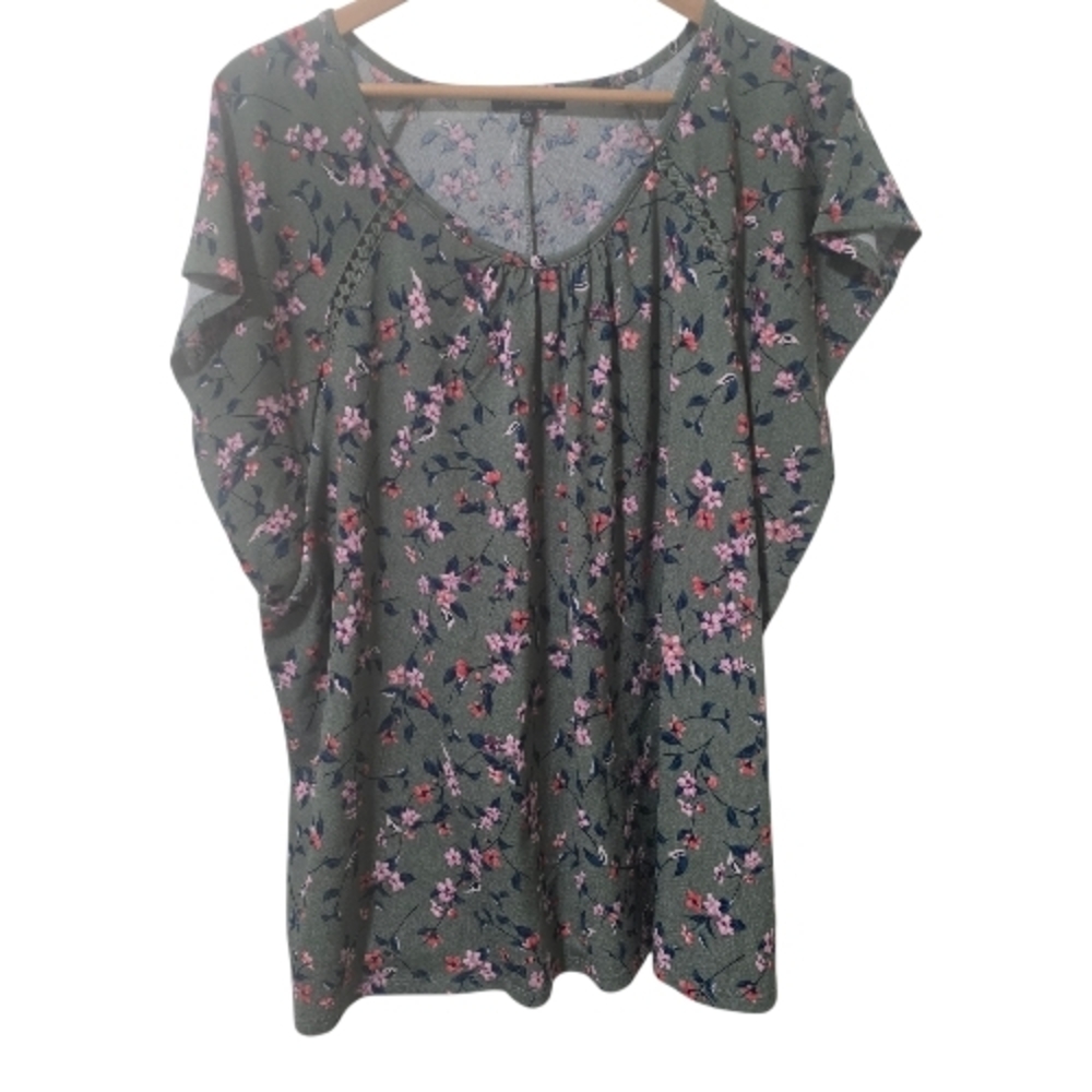 Angels Boho Cottagecore Floral Flutter Sleeve Blouse Top Green 2XL Spring